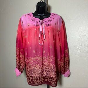 Adini Elegant Pink Ombre Women's Long Sleeve Sheer Top with Tank Lining